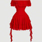 Off shoulder ruffle hem dress in red