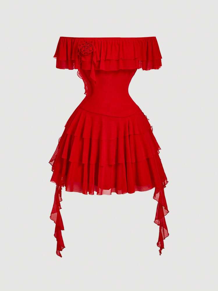 Off shoulder ruffle hem dress in red