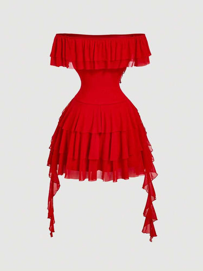 Off shoulder ruffle hem dress in red