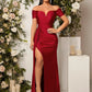 Off the shoulder ruched slit thigh dress in burgundy