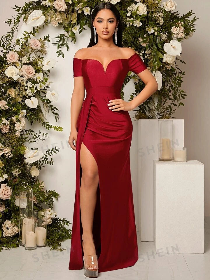 Off the shoulder ruched slit thigh dress in burgundy