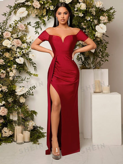 Off the shoulder ruched slit thigh dress in burgundy