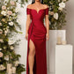 Off the shoulder ruched slit thigh dress in burgundy