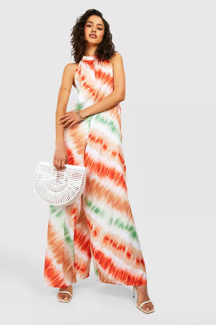 Ombre halterneck extreme wide leg jumpsuit in multi