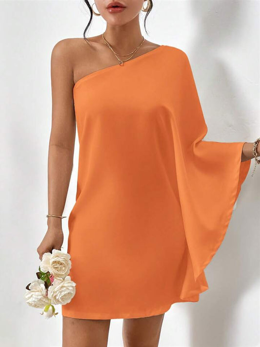 One shoulder batwing sleeve dress in orange