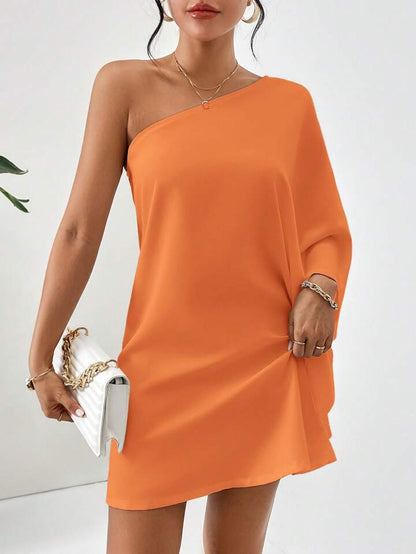 One shoulder batwing sleeve dress in orange