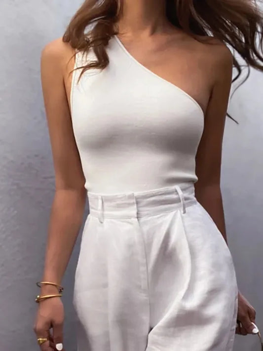 One shoulder cutout halterneck top in white