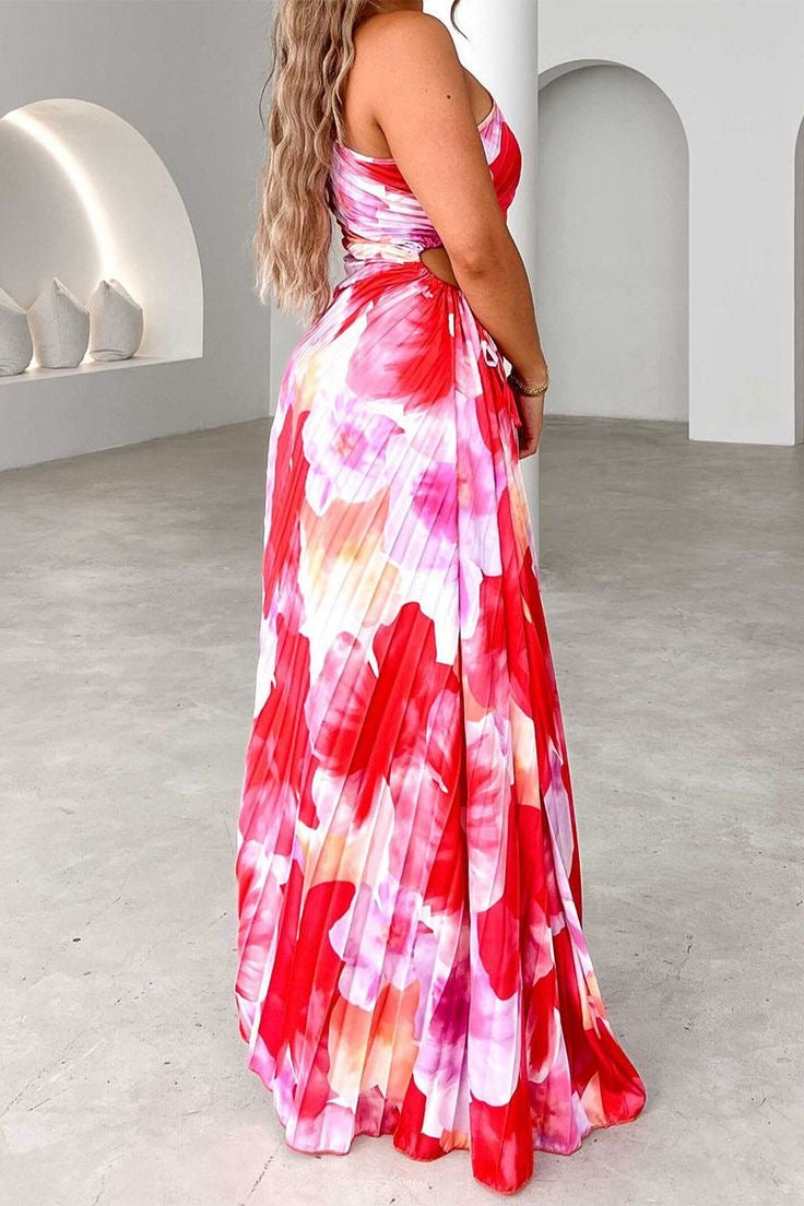 One shoulder pleated maxi dress in red