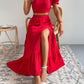 One shoulder puff sleeve crop top & split thigh skirt in red