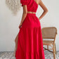 One shoulder puff sleeve crop top & split thigh skirt in red