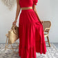 One shoulder puff sleeve crop top & split thigh skirt in red