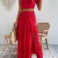 One shoulder puff sleeve crop top & split thigh skirt in red