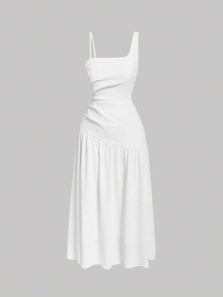 One shoulder ruched asymmetrcial neck dress in white
