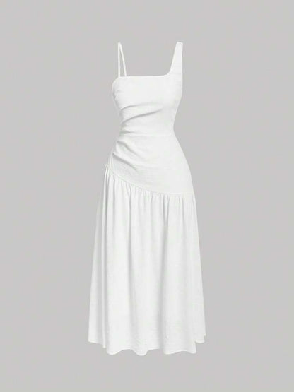 One shoulder ruched asymmetrcial neck dress in white