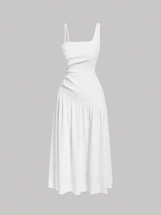 One shoulder ruched asymmetrcial neck dress in white