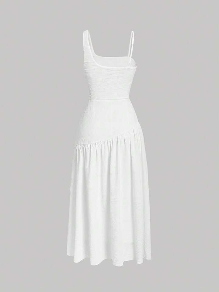 One shoulder ruched asymmetrcial neck dress in white