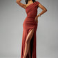 One shoulder ruched split maxi in brown