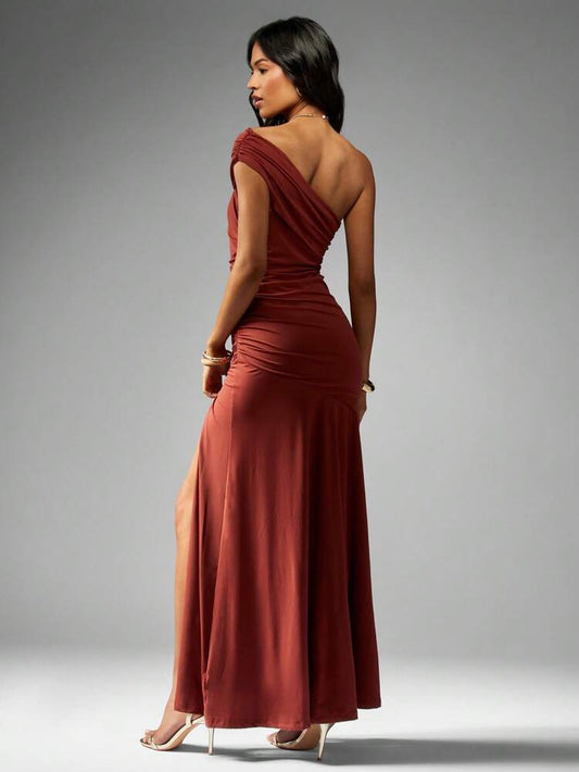 One shoulder ruched split maxi in brown