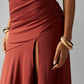 One shoulder ruched split maxi in brown