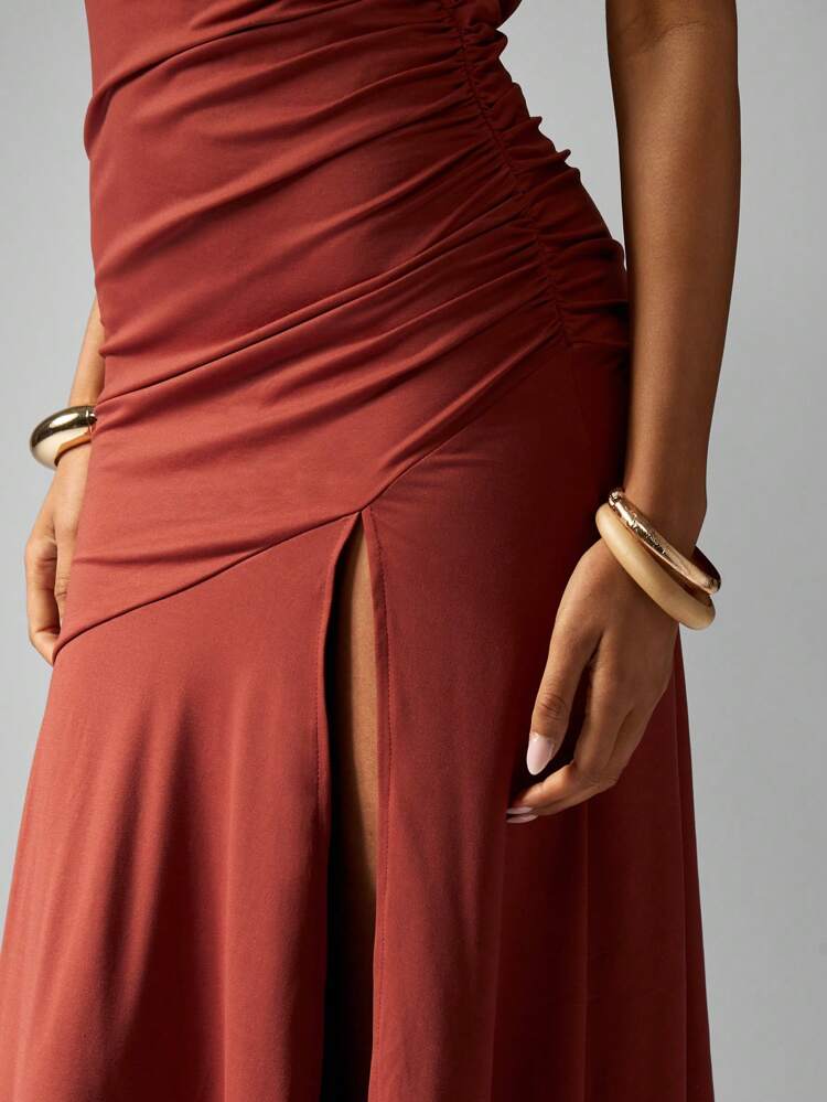 One shoulder ruched split maxi in brown