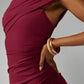 One shoulder ruched split maxi in burgundy