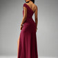 One shoulder ruched split maxi in burgundy