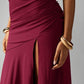 One shoulder ruched split maxi in burgundy