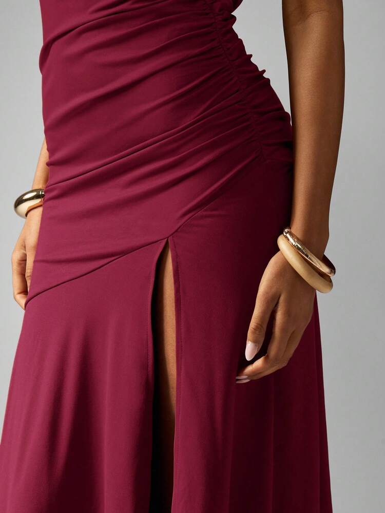 One shoulder ruched split maxi in burgundy