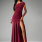 One shoulder ruched split maxi in burgundy