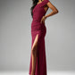 One shoulder ruched split maxi in burgundy