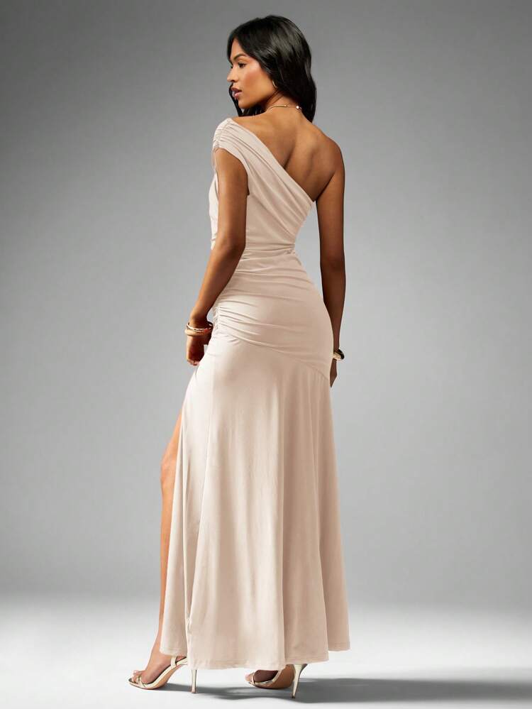 One shoulder ruched split maxi in cream