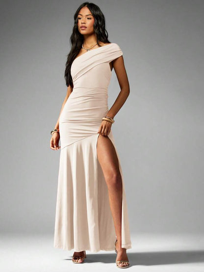 One shoulder ruched split maxi in cream