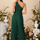 One shoulder ruched wide leg belted jumpsuit in green