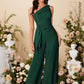 One shoulder ruched wide leg belted jumpsuit in green