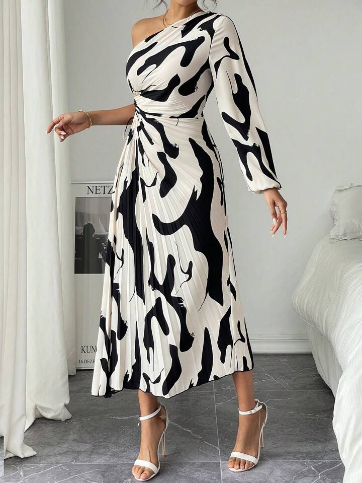 One shoulder ruffle hem drawstring printed dress in multi