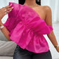 One shoulder ruffle trim bodysuit in pink