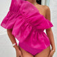 One shoulder ruffle trim bodysuit in pink