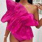 One shoulder ruffle trim bodysuit in pink