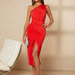 One shoulder split thigh ruched dress in red