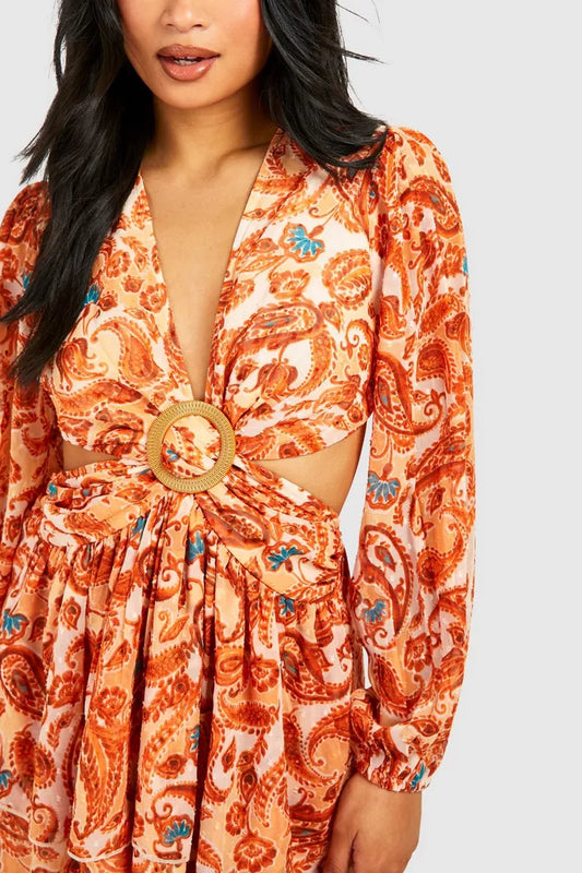 Paisley georgette cut out mini dress in orange