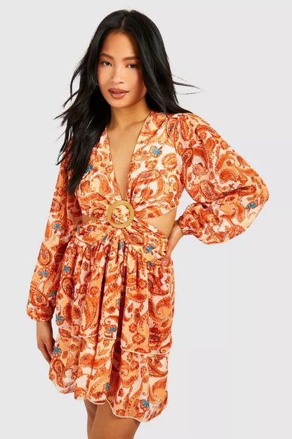 Paisley georgette cut out mini dress in orange