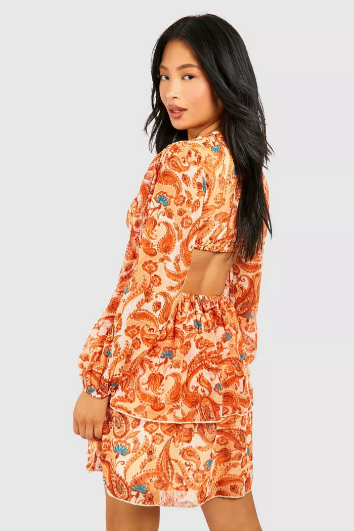 Paisley georgette cut out mini dress in orange