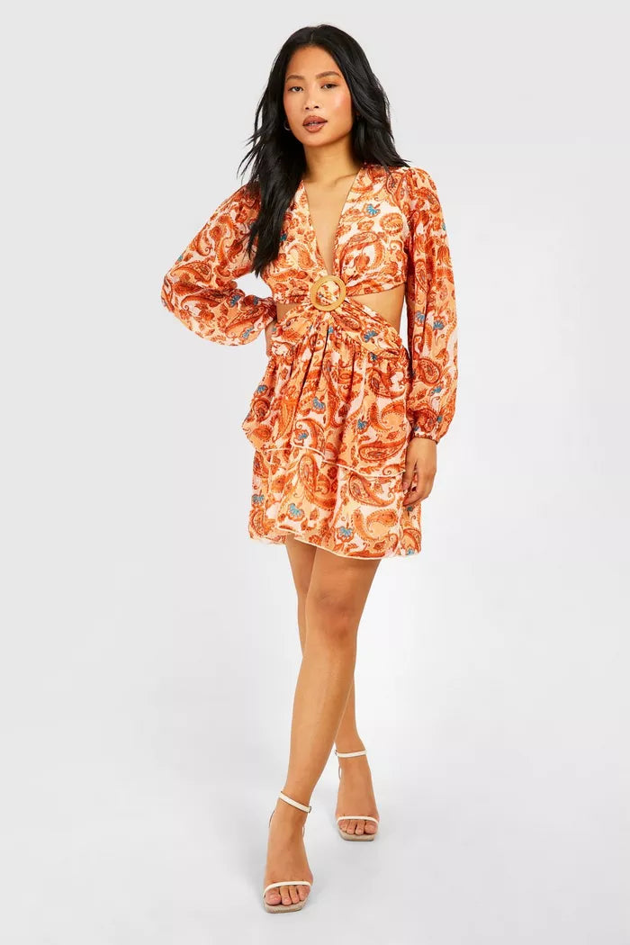 Paisley georgette cut out mini dress in orange