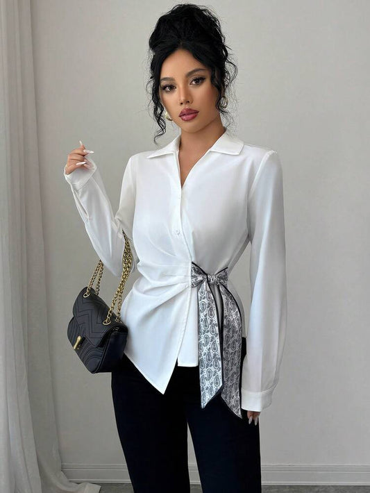 Paisley pattern knot side long sleeve top in white