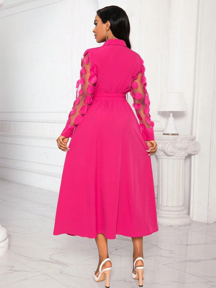 Patchwork round mesh sleeve belted shirt dress in pink