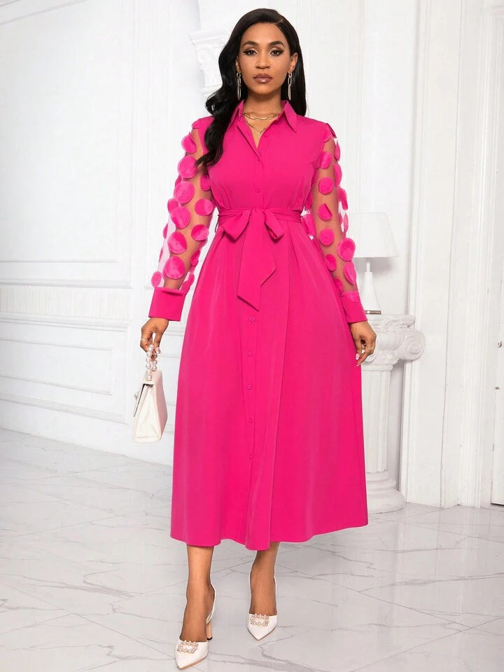 Patchwork round mesh sleeve belted shirt dress in pink