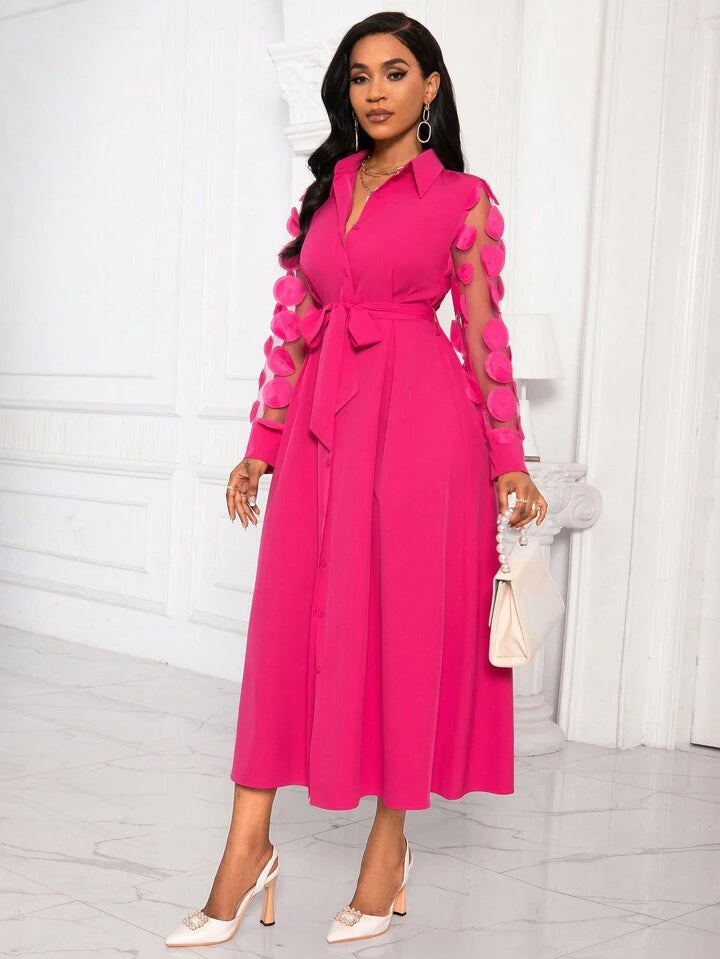 Patchwork round mesh sleeve belted shirt dress in pink