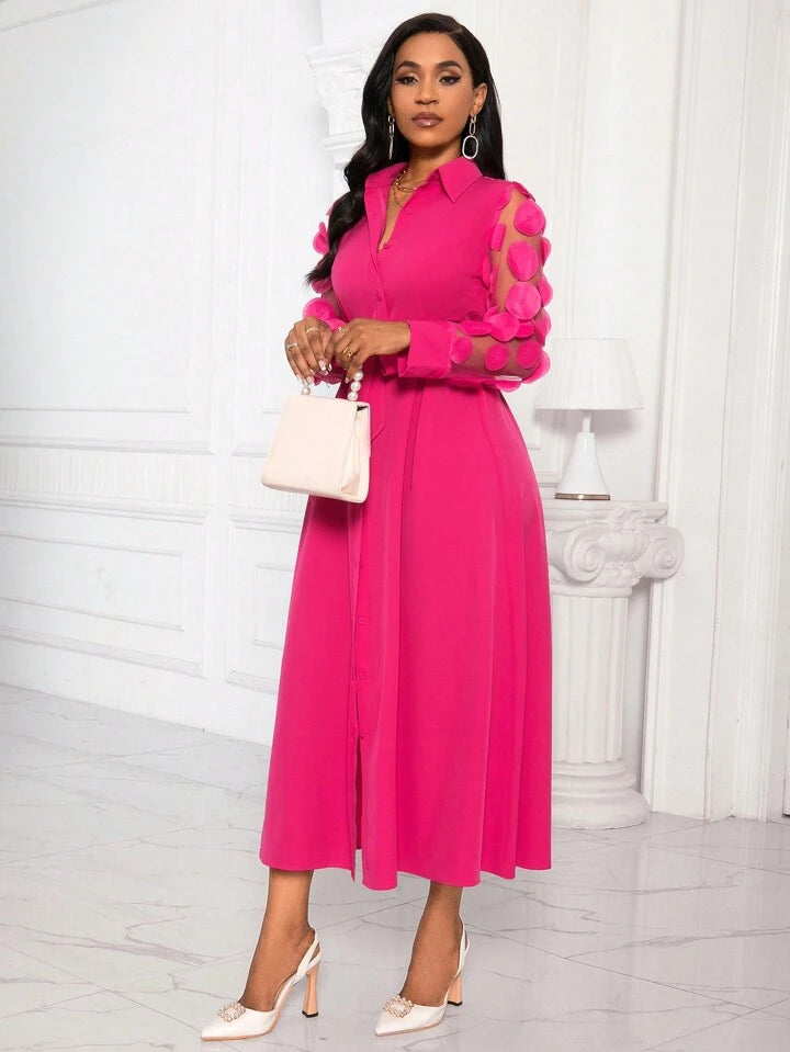 Patchwork round mesh sleeve belted shirt dress in pink
