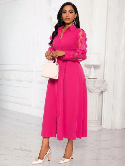 Patchwork round mesh sleeve belted shirt dress in pink