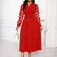 Patchwork round mesh sleeve belted shirt dress in red